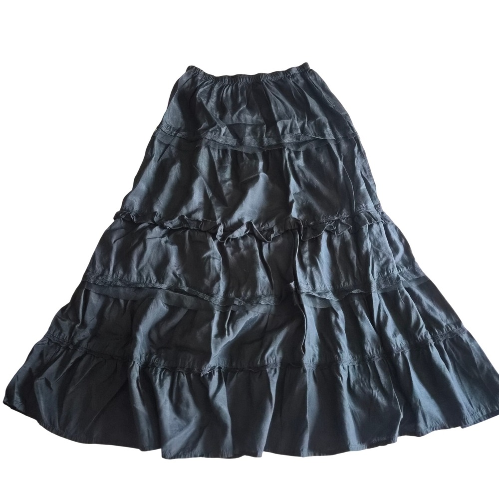 VTG Y2K White Stage Black Tiered Maxi Skirt Viscose Boho Ruffle S 4/6 WS513302